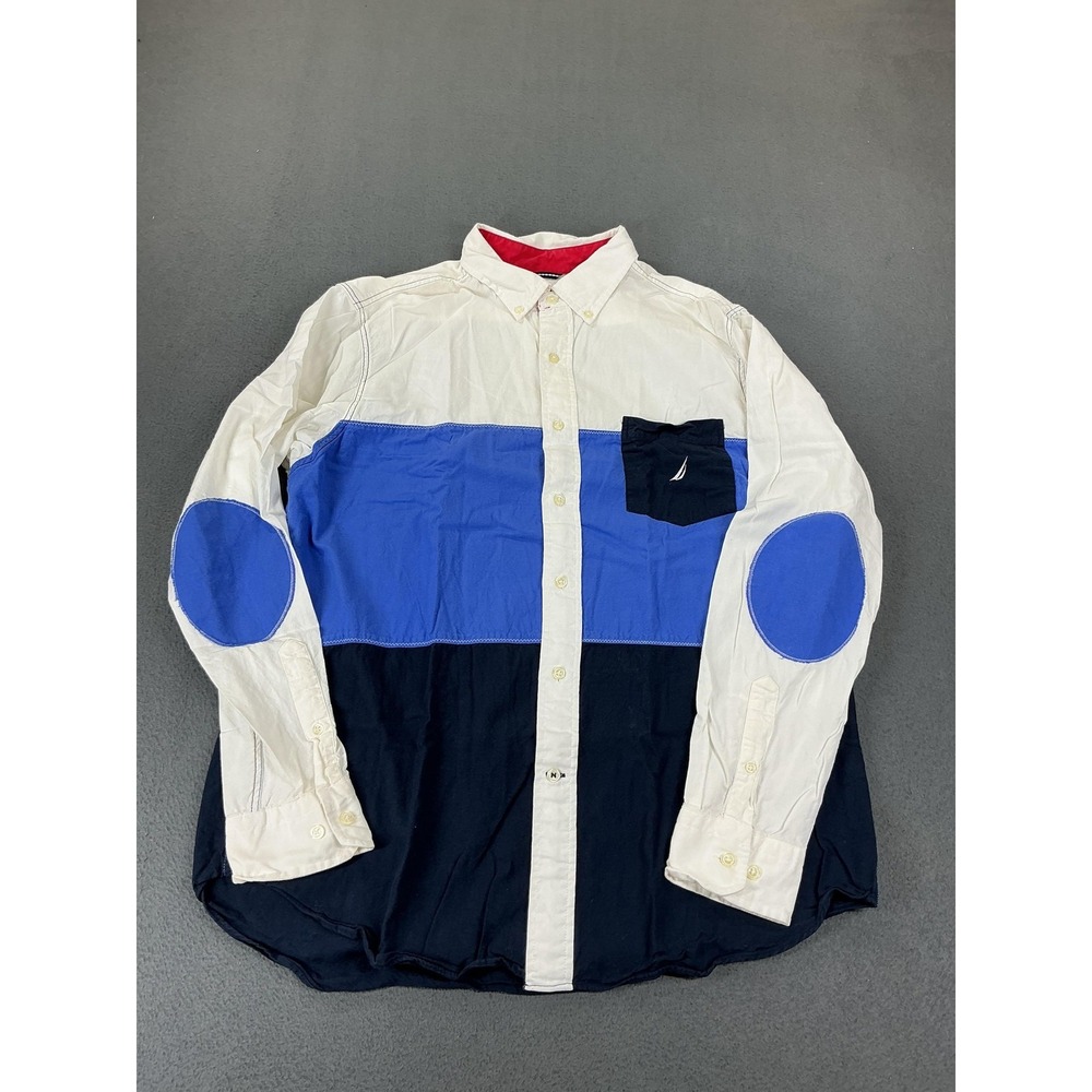 Nautica Shirt Mens L Blue Colorblock Cotton Blend Long Sleeve Button Up Pockets